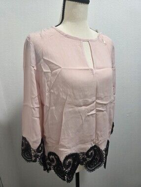 Haute Monde Light Pink Blouse with Black Lace Trim